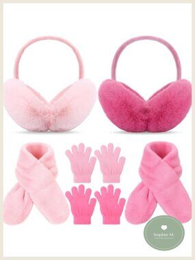 Kids Winter Warm Set 2 Earmuffs 2 Knit Gloves 2 Plush Scarves